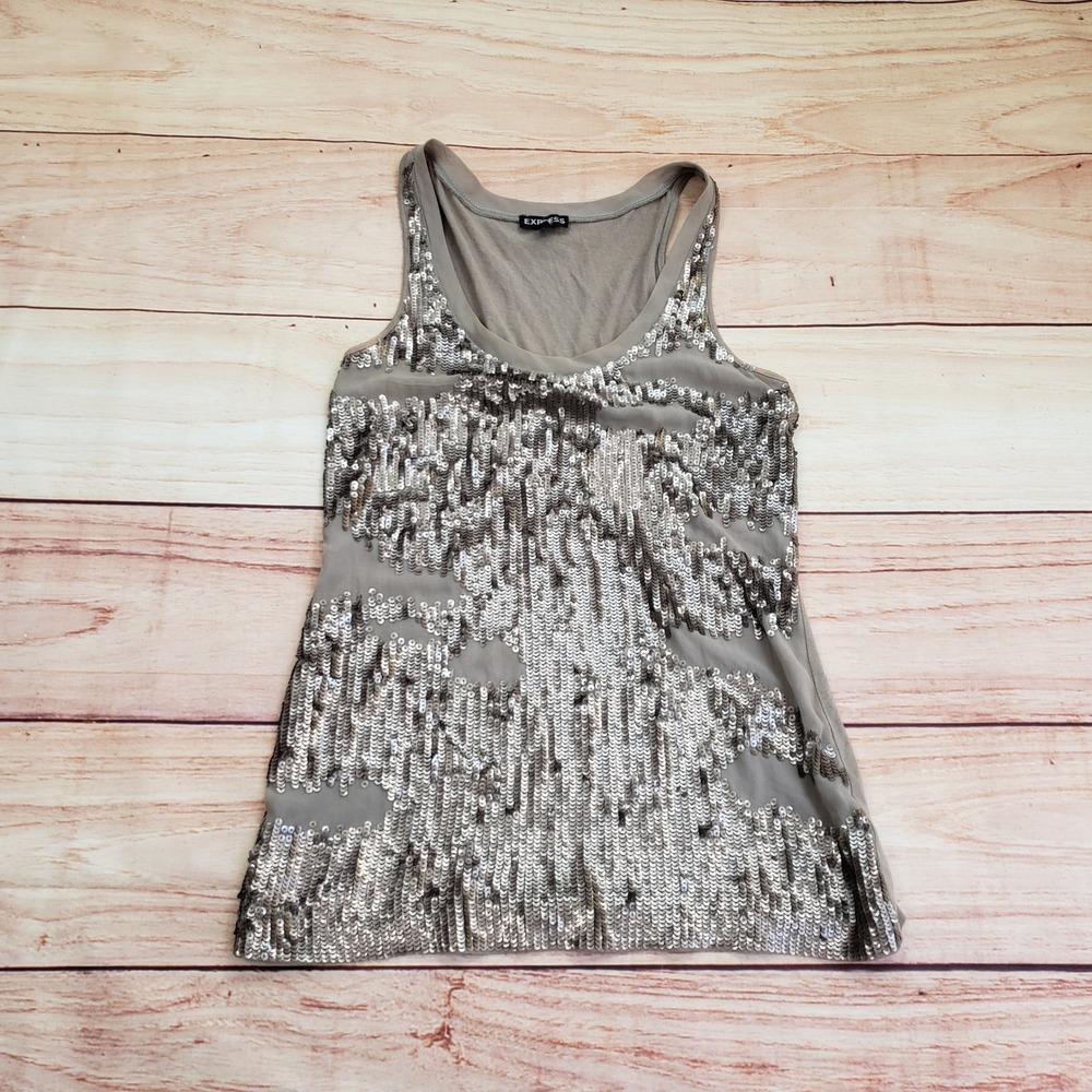 Express Tank Top Womens XS Beige Sequin Sleeveless Party Clubwear Sparkly Blouse